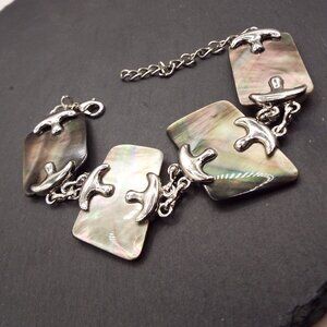 WIERD & ODD SHAPED ABALONE SHELL TABLETS SILVERY LINKS 8" BRACELET D1